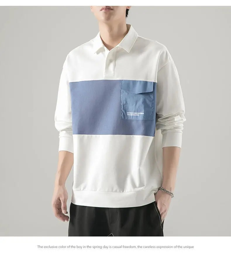 New polo shirt men's contrast color lapel spliced long sleeve t-shirt japanese large size loose sweatshirt bottoming shirt tops Street King Limited