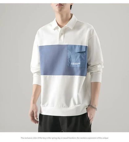 New polo shirt men's contrast color lapel spliced long sleeve t-shirt japanese large size loose sweatshirt bottoming shirt tops Street King Limited