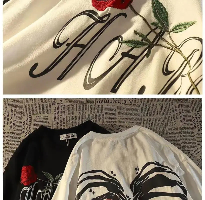 Pure cotton American retro dark skeleton short-sleeved T-shirts for men and women summer ins loose street style couple y2k tops Street King Limited