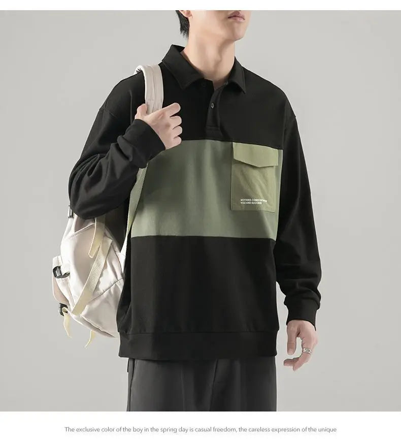 New polo shirt men's contrast color lapel spliced long sleeve t-shirt japanese large size loose sweatshirt bottoming shirt tops Street King Limited