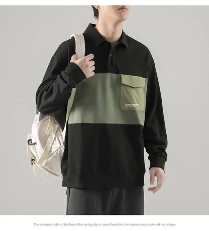 New polo shirt men's contrast color lapel spliced long sleeve t-shirt japanese large size loose sweatshirt bottoming shirt tops Street King Limited