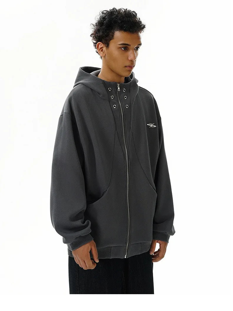 high street men structure line high collar hoodie jacket autumn winter rascal handsome versatile casual zipper coat unisex unique default style 5731