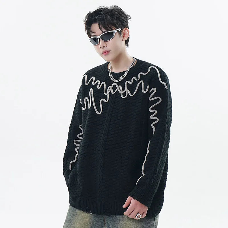 Men Ripped Sweaters American Retro Plaid Twist Round Neck Jumper Hip Hop Loose Couple Pullovers Casual Apricot Knitwear Tops Street King Limited