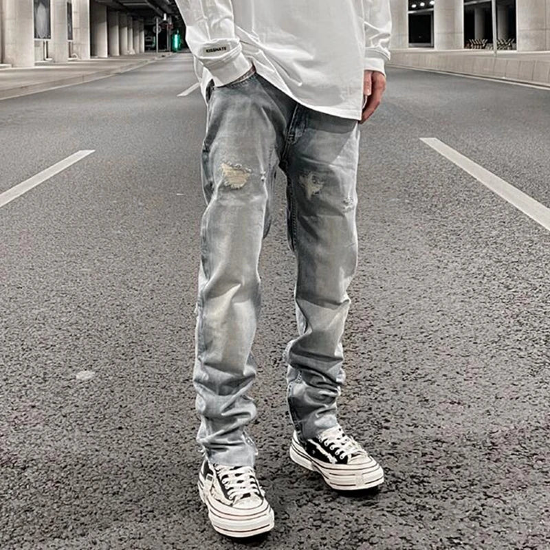 ripped hole distressed black blue washed mens jeans straight casual baggy pockets pencil pants streetwear loose denim trousers unique jeans style 1871