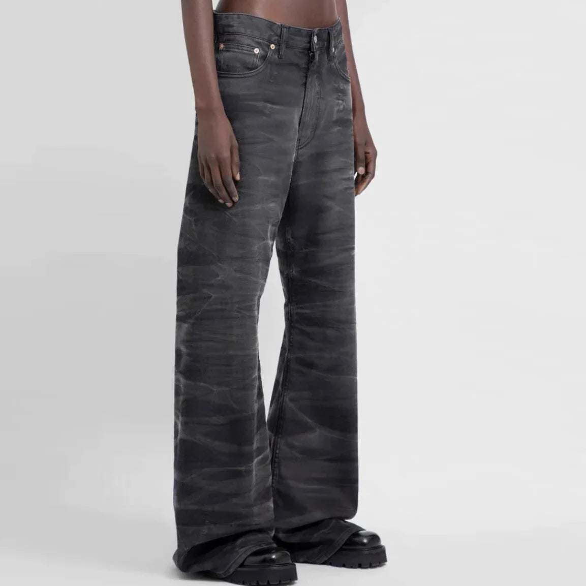 streetwear washed water wave patterned micro flared jeans for men straight pantalones hombre casual baggy denim trousers ripped baggy denim