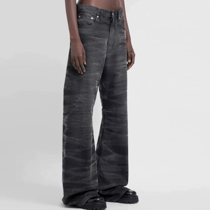 streetwear washed water wave patterned micro flared jeans for men straight pantalones hombre casual baggy denim trousers ripped baggy denim