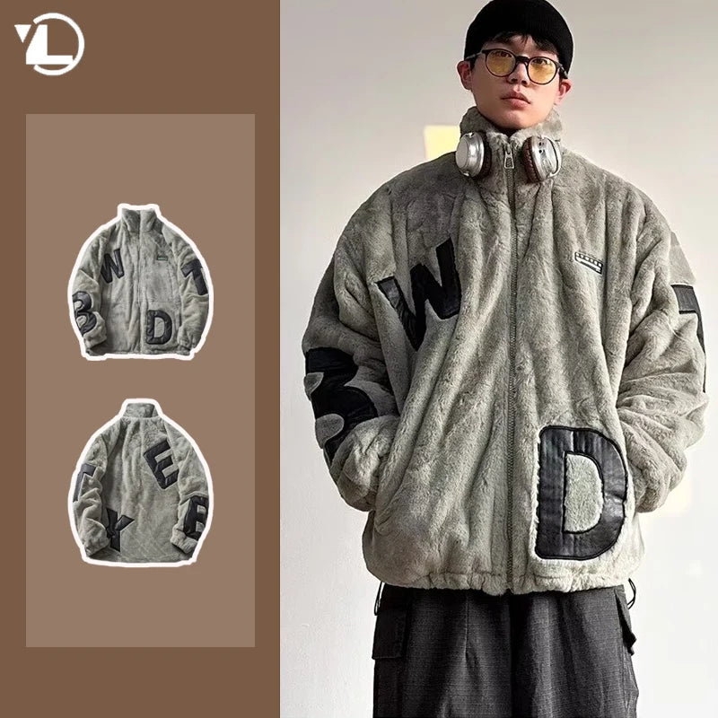 Street Lamb Wool Jacket Mens 2024 Winter Stand Collar Letter Patchwork College Parkas Fleece Warm New Thickening Couple Coats Street King Limited