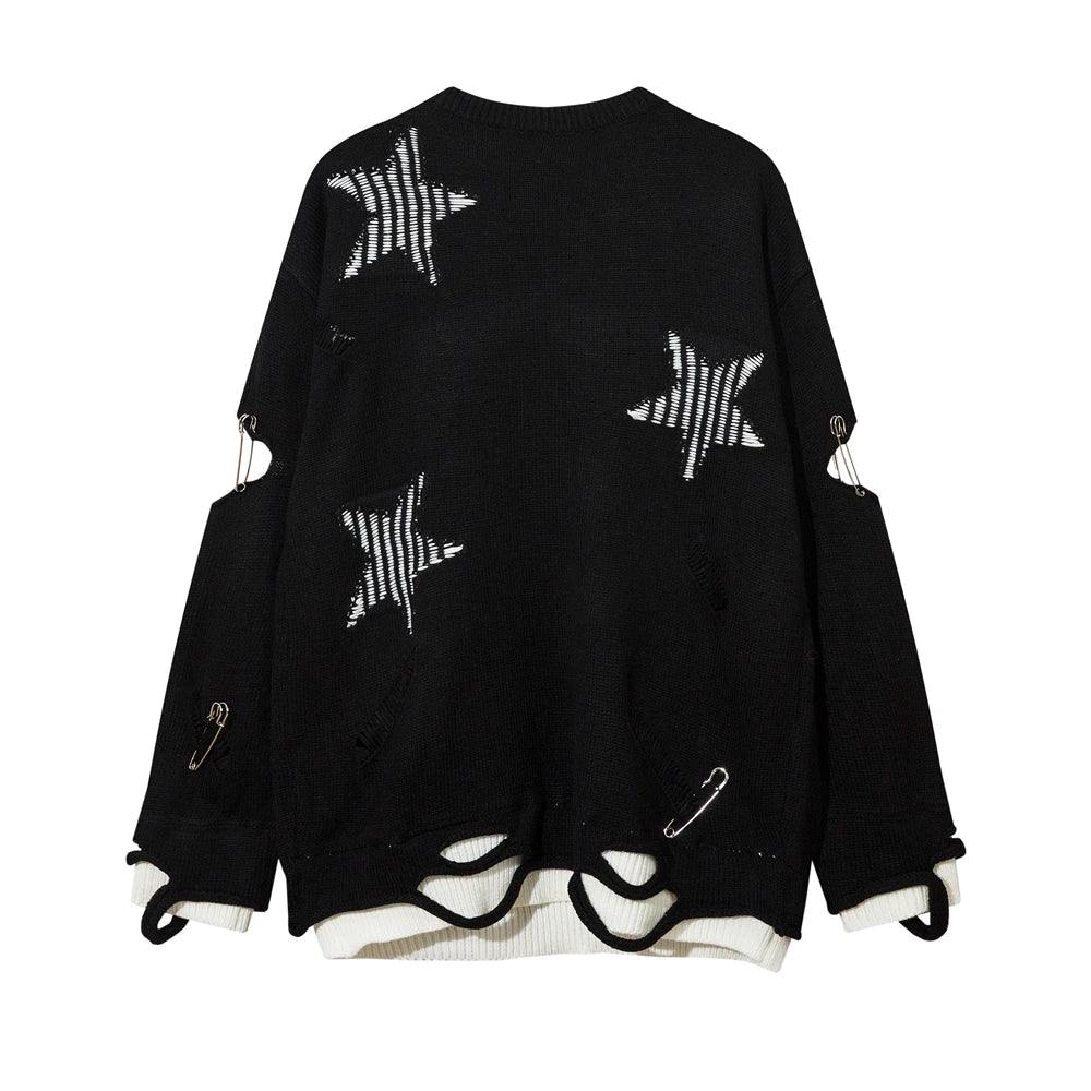 2023 Hip Hop Knitted Sweater Streetwear Star Graphic Distressed Ripped Pullover Men Harajuku Casual Knitwear Unisex Punk Street King Limited