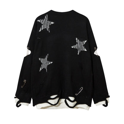2023 Hip Hop Knitted Sweater Streetwear Star Graphic Distressed Ripped Pullover Men Harajuku Casual Knitwear Unisex Punk Street King Limited