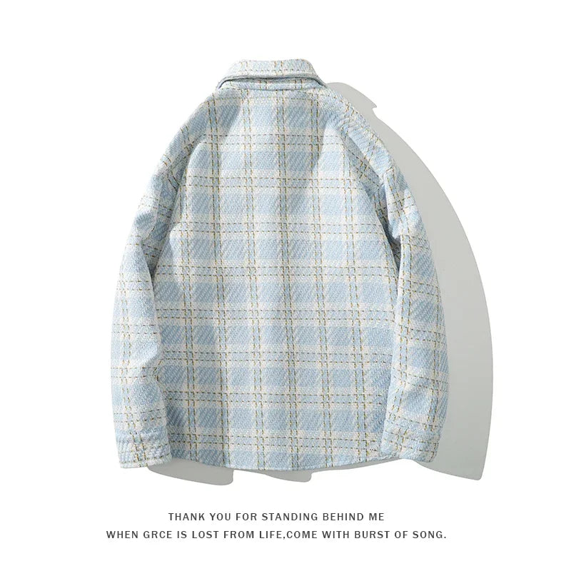 checked pattern cargo jacket coat korean style trendy breasted blouses 2024 spring male long sleeved jackets military streetwear pants