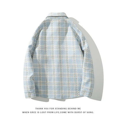 checked pattern cargo jacket coat korean style trendy breasted blouses 2024 spring male long sleeved jackets military streetwear pants