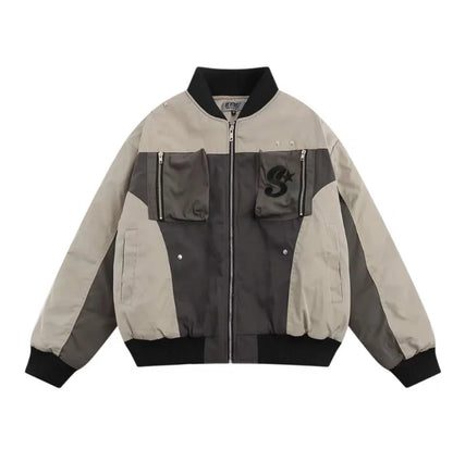 multi pocket bomber jacket men vintage loose varsity coat fashion korean patchwork baseball pilot outerwear unisex spring autumn unique default style 3743