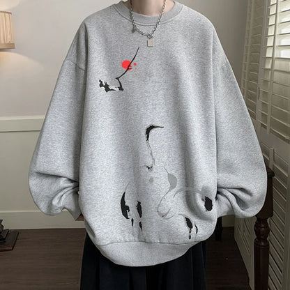 Ink Painting Cartoon Crane Printed Pullover Hoodies For Men 2024 New Hip Hop Fashion Crewneck Hoody Y2K Streetwear Sweatshirts Street King Limited
