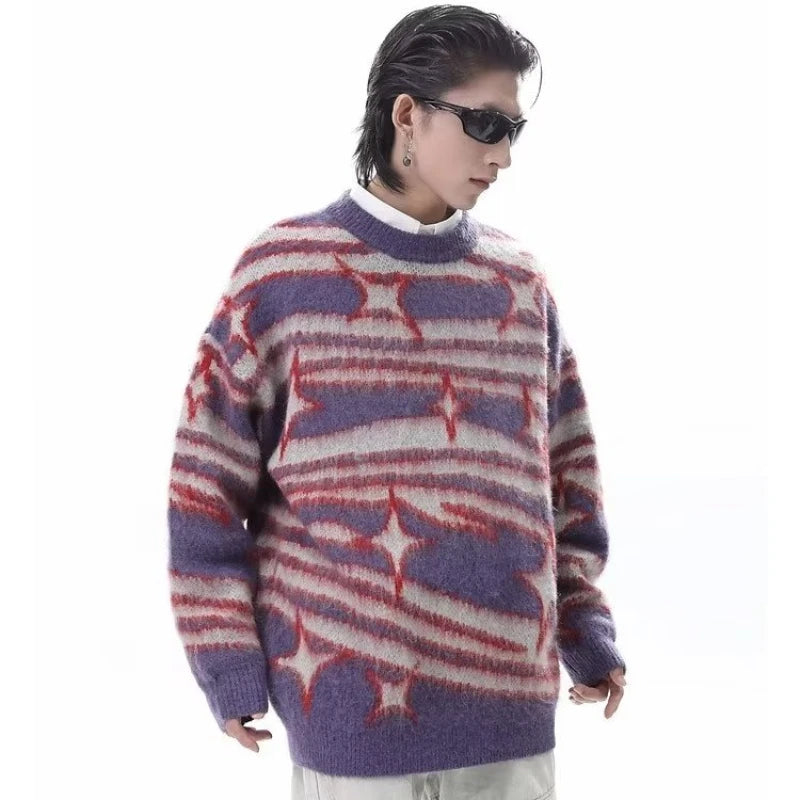 japanese hip hop sweater set men contrast zebra pattern round neck knit top splicing distressed loose jeans 2 pcs harajuku suit urban skinny jeans