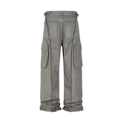 y2k streetwear tassel multi pocket jeans for men straight solid baggy cargo pants pantalones hombre casual denim trousers multi-pocket cargos