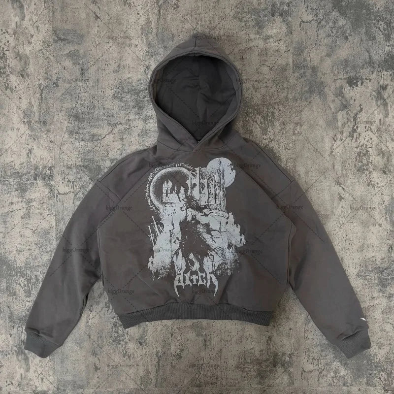 Retro gothic devil print oversized pullover women spring and autumn fashion street hip-hop Harajuku loose sweater men Street King Limited