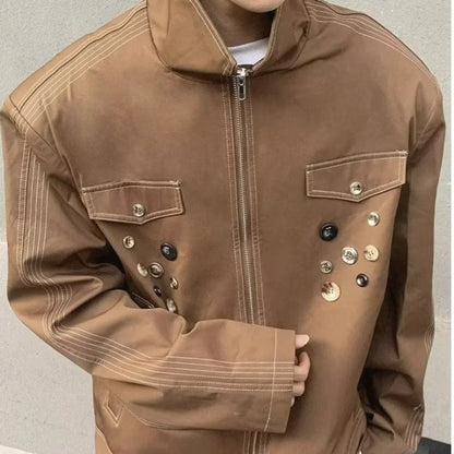 spring retro irregular button mens jacket shoulder pad design trend high street coats motorcycle fashion stand collar outwear unique default style 3860