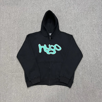 New Autumn Logo Embroidery Black Fleece Hooded Hoodies for Men and Women  Streetwear Baggy Casual Cardigan Zipper Sweatshirts Street King Limited