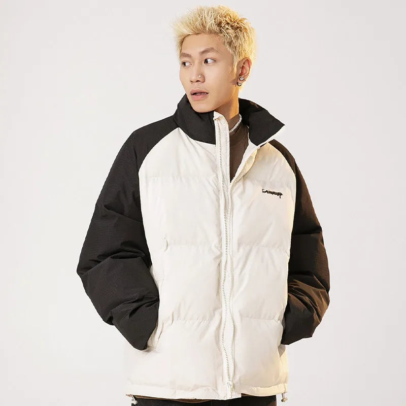 Men Down Jackets Letter Printed Stitching Stand Collar Cotton Coat American Retro Raglan Sleeve Warm Casual Puffer Unisex Street King Limited