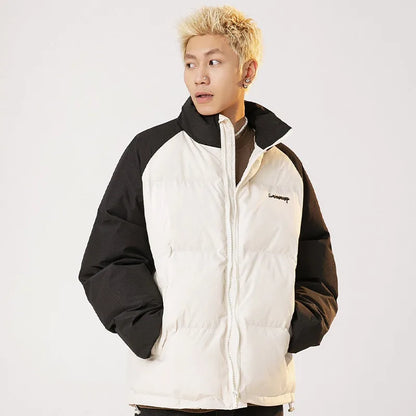Men Down Jackets Letter Printed Stitching Stand Collar Cotton Coat American Retro Raglan Sleeve Warm Casual Puffer Unisex Street King Limited