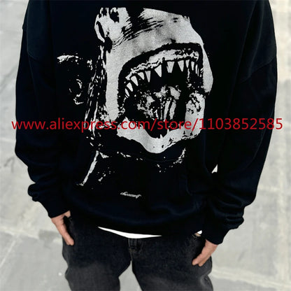 Autumn and Winter New Vintage Men's Hoodie Long Sleeve Hoodie American Heavy Weight Oversize High Street Jaws Cartoon Print Tops Street King Limited