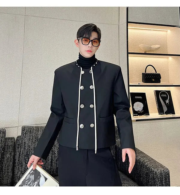 men double breasted drawstring collar loose casual fashion short jacket male korean streetwear vintage coat man unique shorts style 368