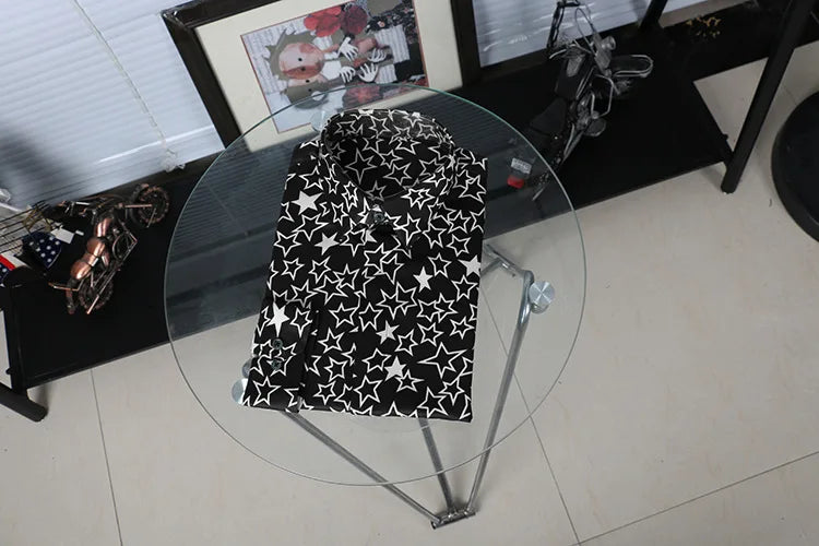 New 2022 Men 3D luxurious Classic Black White Star Print Fashion Silk Casual Shirts Shirt high Pocket Long-sleeves S 2XL #D276 Street King Limited
