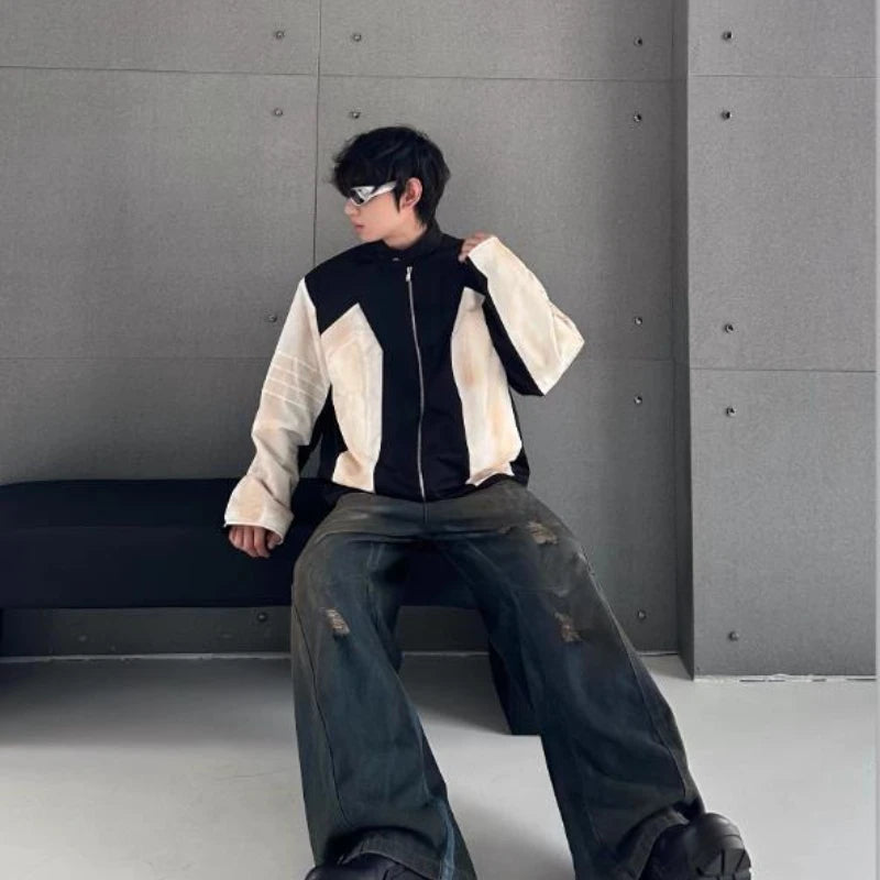 street american color block mens jacket 2024 new autumn zipper patchwork shoulder pads racing coats motorcycle windbreaker unique default style 3213