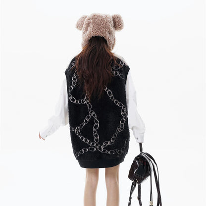 High Street Harajuku Imitation Mink Hair Knitted Vest Chain Color Block V-neck Pullover Sweater Vest Oversized Knitwear Trendy Street King Limited