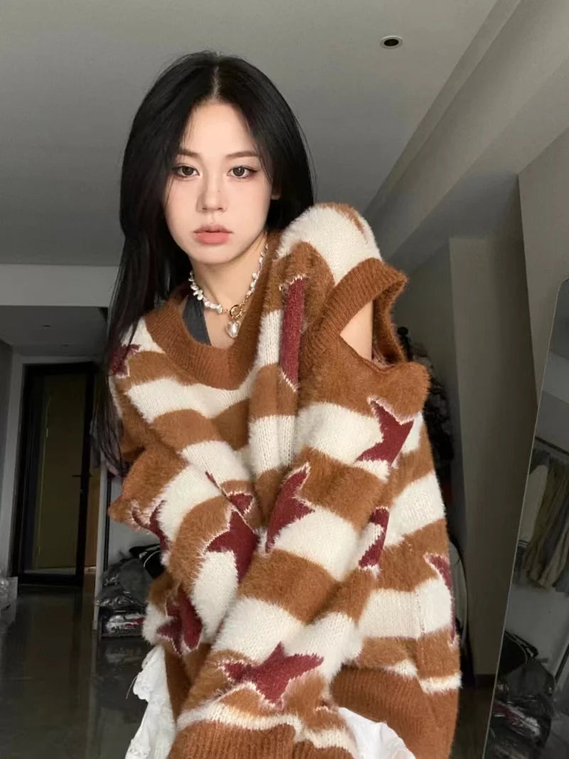 Punk Gothic Long Sweater Women Furry Knitted Sweaters Y2K Streetwear Loose Hollow Out Detachable Pullovers Harajuku Sexy Tops Street King Limited