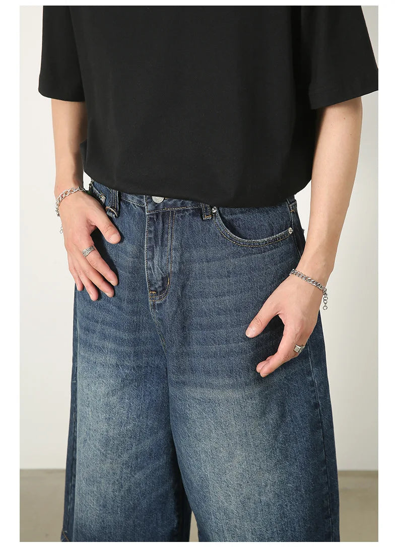 men summer streetwear fashion loose casual wide leg denim calf length jeans pants male vintage jeans baggy hosen pants unique jeans style 1472
