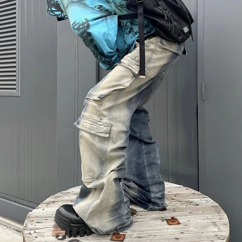RO Style Gradient Ribbons Multi-pockets Drawstring Jeans for Men Harajuku Streetwear Baggy Y2K Denim Trousers Oversized Cargos Street King Limited