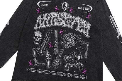Fashion Distressed Washed T-shirt Harajuku Skull Skeleton Printed Unisex Hip Hop Tees Y2K Loose Mens Casual Cotton Tops T-shirts Street King Limited