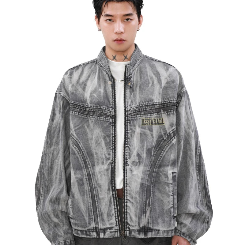 autumn high street washed denim jacket mens vintage graffiti printing stand collar motorcycle coats patchwork punk cowboy tops unique jeans style 3559