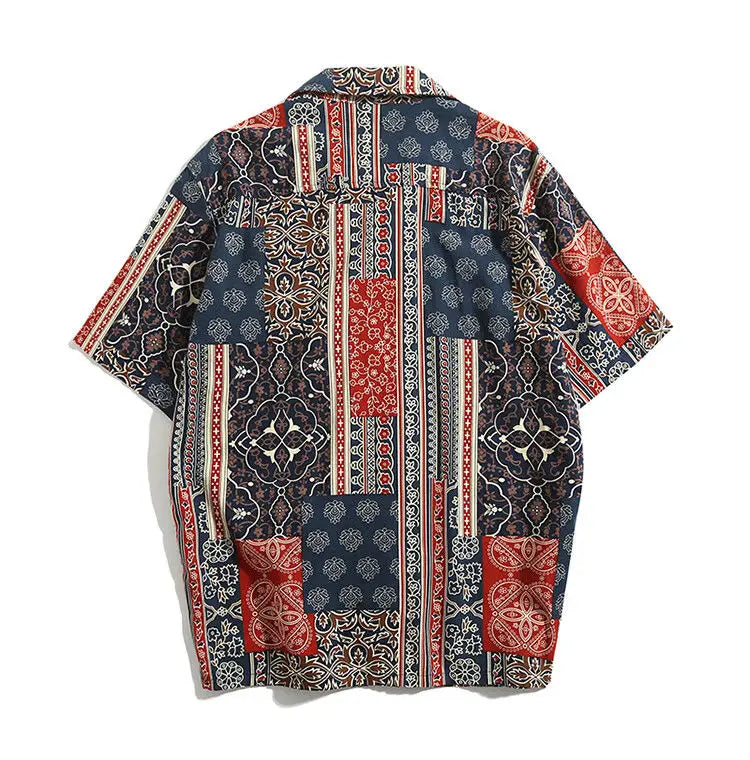 Korean Hawaiian Cuban collar retro printed shirt men American handsome simple casual versatile loose beach short-sleeved shirt Street King Limited