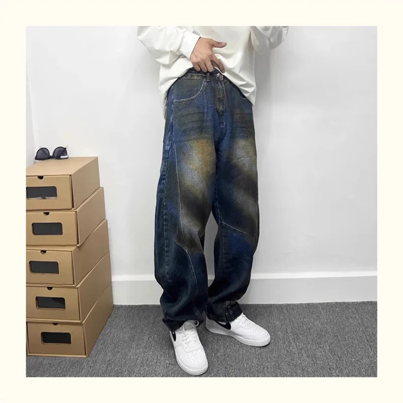 autumn hip hop graffiti painted baggy jeans mens y2l streetwear wide leg denim pants punk fashion distressed gradient jean unique jeans style 277