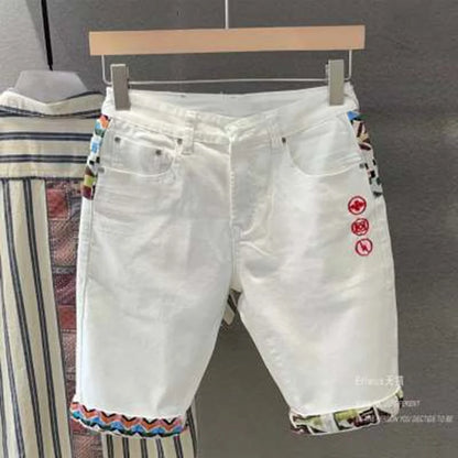 Summer New Denim Shorts Men's Stitching Embroidery Ripped Knee-length Shorts White 2024 Korean Fashion High Quality Jeans Street King Limited