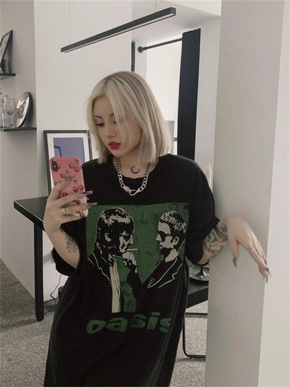 Vintage Rock Band Tee OS Washed Old High-Street Portrait Print Casual Loose Cotton Couple Tops T-Shirt For Summer Street King Limited
