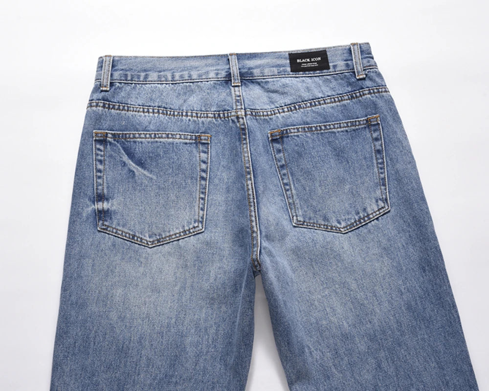 Vintage Washed Letter Embroidery Ripped Hole Blue Men's Jeans Straight Frayed Streetwear Hip Hop Loose Unisex Denim Trousers Street King Limited