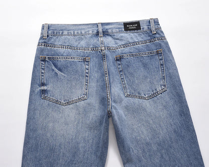 Vintage Washed Letter Embroidery Ripped Hole Blue Men's Jeans Straight Frayed Streetwear Hip Hop Loose Unisex Denim Trousers Street King Limited
