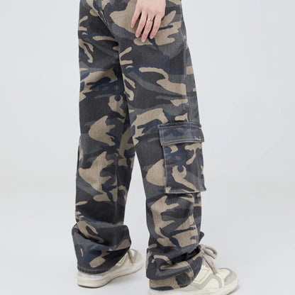 vintage pockets camouflage denim pants men jeans hip hop streetwear military cargo pants baggy cargo bottoms