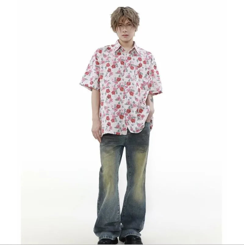 summer harajuku set mens flower print casual short sleeved top gradient straight leg jeans 2 pcs set high street trendy suit unique jeans style 4232