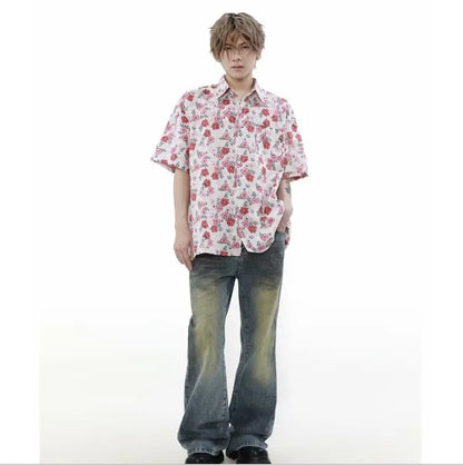 summer harajuku set mens flower print casual short sleeved top gradient straight leg jeans 2 pcs set high street trendy suit unique jeans style 4232