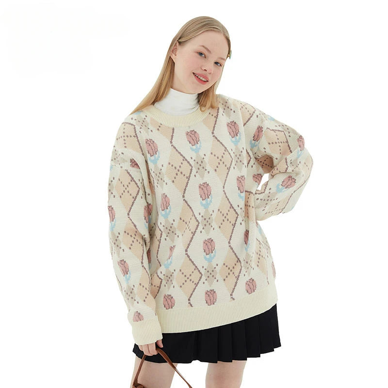 Japanese trend ins retro literary simple sweater winter versatile casual couple Y2K men and women loose round neck sweater tops Street King Limited