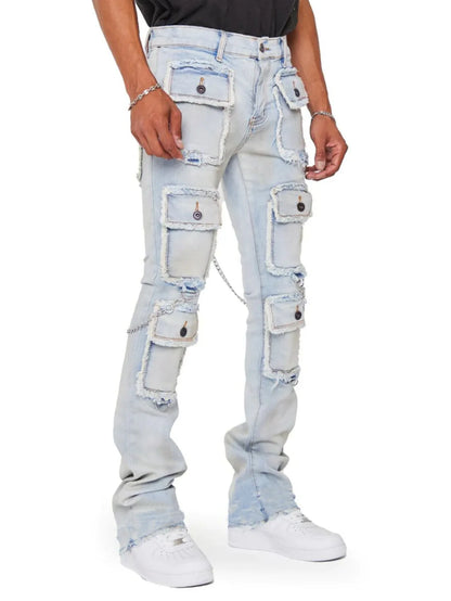 heavy industry multi pockets design denim cargo pants mens streetwear men clothing y2k aesthetic elastic slim fit jeans for man utility cargo pants
