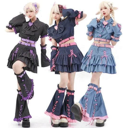 Y2K Set Sweetheart Spicy Girl dress skirt sets Women's 2023 Summer Bubble Sleeve Bowtie Campus Style 2 piece sets womens outfits Street King Limited