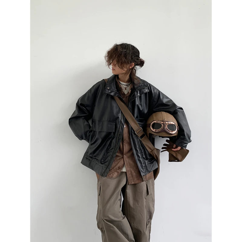 japanese spring pu leather jacket mens high street black profile tooling pilot jacket loose standing collar motorcycle outwear menswear bottoms