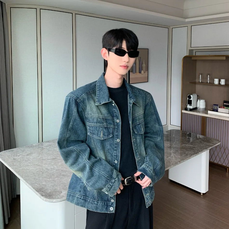 2024 trend mens denim jackets vintage washed design multiple pockets cowboy coats loose shoulder padded cardigan male spring unique jeans style 4056