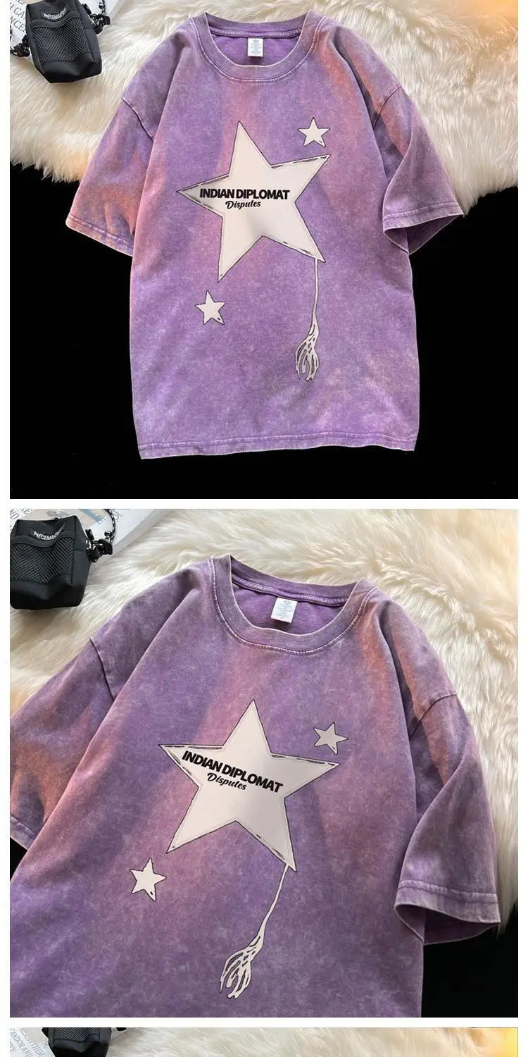 Five-pointed star American washed distressed short-sleeved T-shirt for men in summer loose heavyweight T-shirt trendy y2k tops Street King Limited