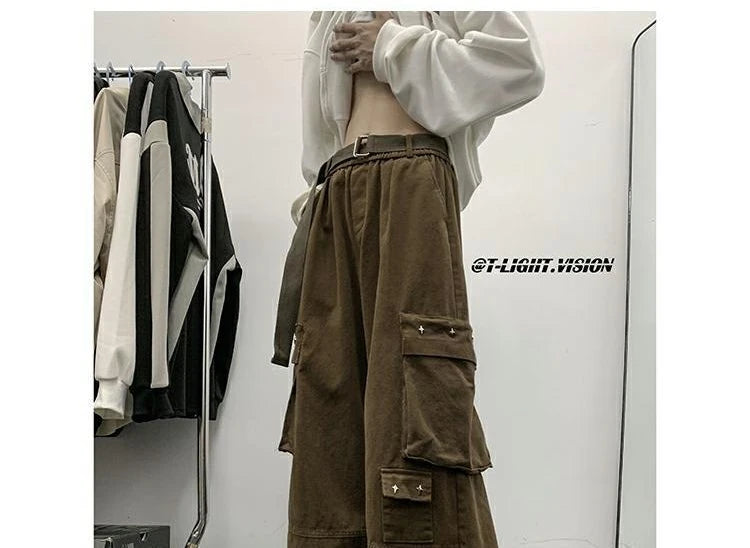 american hip hop large pocket workwear pants for men and women in autumn trend loose fitting straight leg casual wide leg pants unique default style 4760